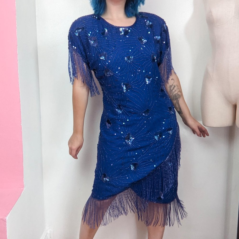 Vintage 80s Blue Sequin & Beaded Fringe Party Dress